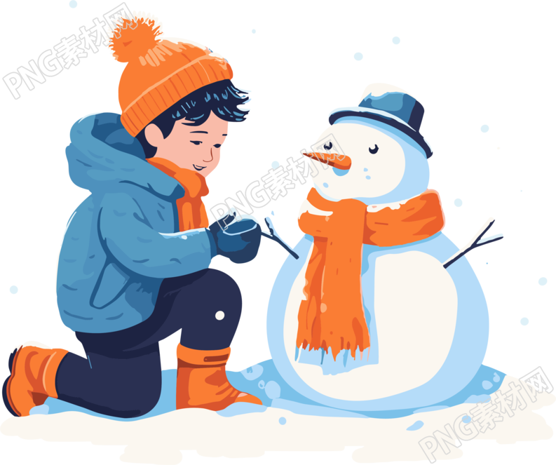 冬季雪地里玩耍的男孩和雪人扁平插画设计