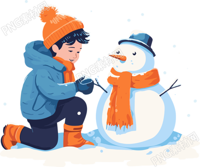 冬季雪地里玩耍的男孩和雪人扁平插畫設(shè)計(jì)