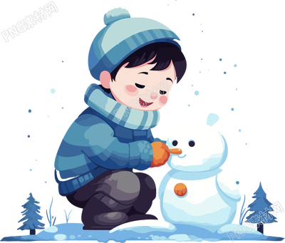 和小雪人玩耍的男孩插畫
