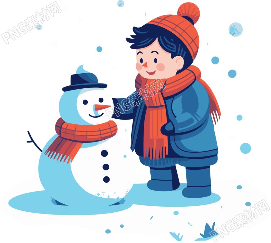 带红色围巾的小男孩和小雪人素材