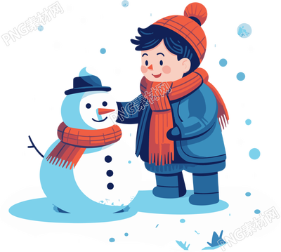 帶紅色圍巾的小男孩和小雪人素材
