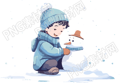 冬季元素堆雪人的小男孩扁平插圖
