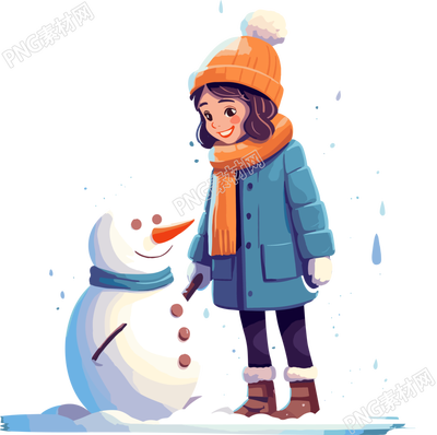 可愛女孩和小雪人插圖