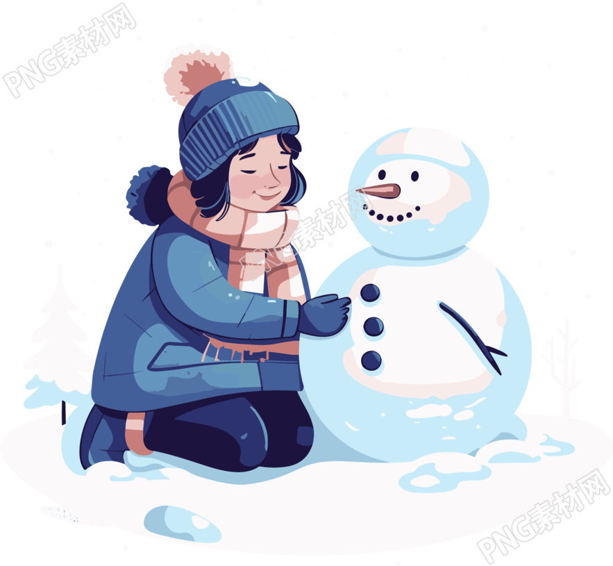 卡通风格堆雪人的小女孩插画