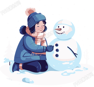 卡通風(fēng)格堆雪人的小女孩插畫