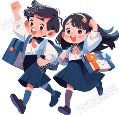 男孩女孩背着书包高清PNG插画设计元素
