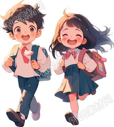 学生背书包的男孩女孩开心放学插画