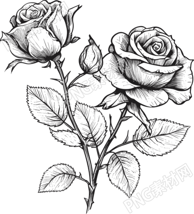 精美玫瑰花黑白手繪線描素材