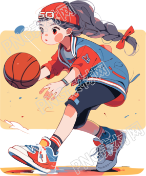 卡通女孩玩籃球插畫
