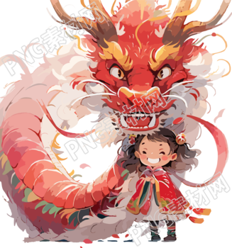 紅色系中國龍和小女孩素材