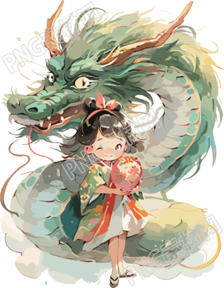 水彩服裝設(shè)計(jì)中國龍和小女孩插畫