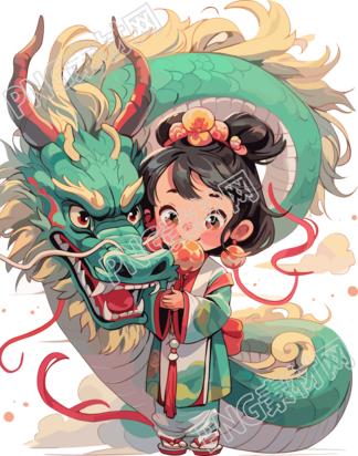 中國龍和小女孩可商用插圖