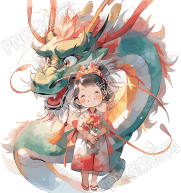 中國龍和小女孩彩色服裝插圖