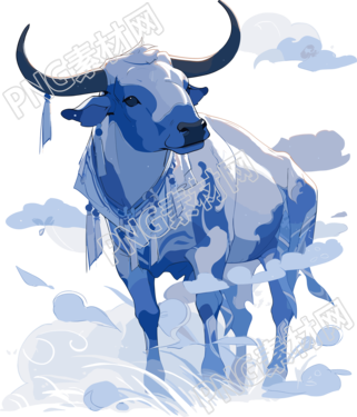 中国牛扁平插画蓝白配色元素