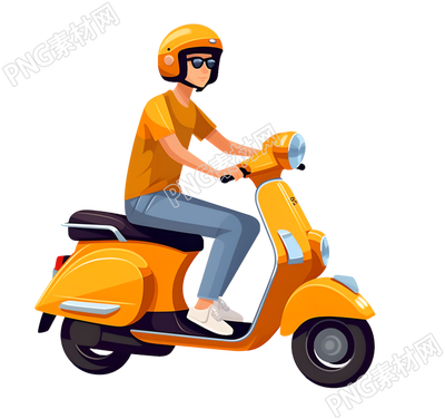亞洲男子橙色電動(dòng)車平面插畫