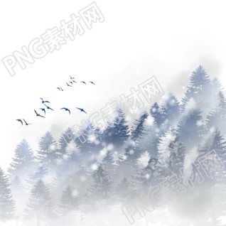 大雪纷飞的树林和飞鸟透明背景元素