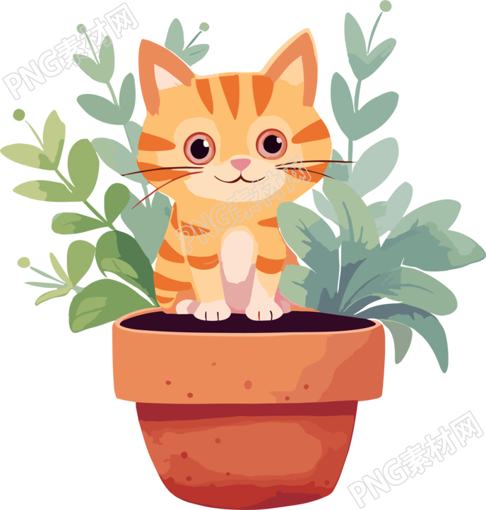 儿童绘本可商用盆栽猫猫插画