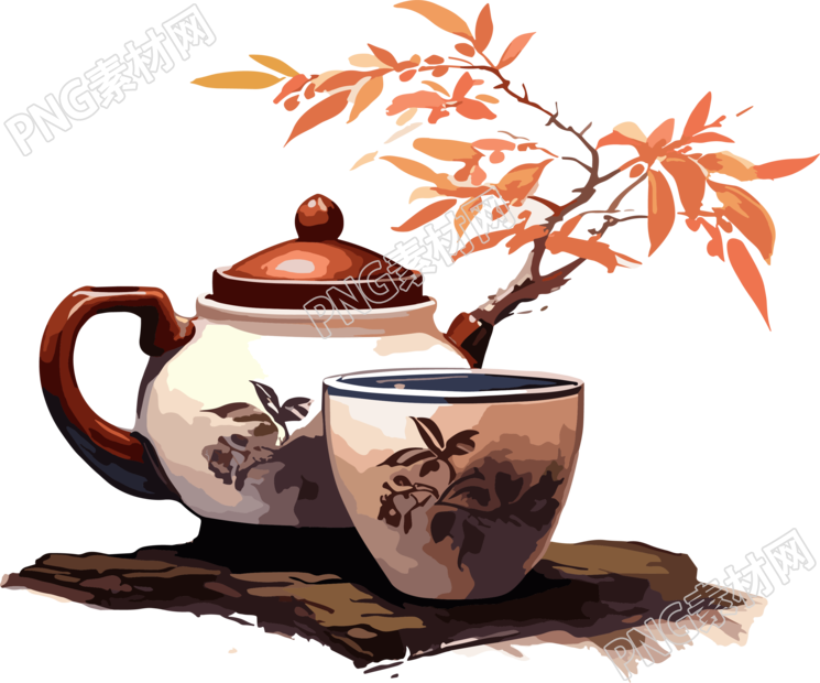 茶壶茶杯透明背景插画设计
