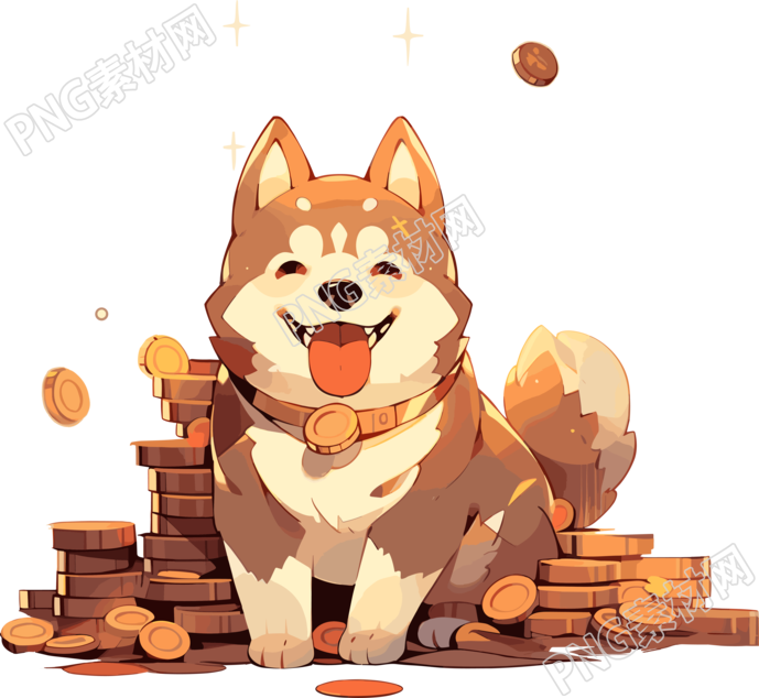 金币旁边的柴火狗卡通插画素材