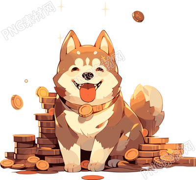 金幣旁邊的柴火狗卡通插畫素材