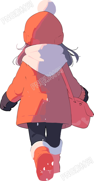 小女孩雪地足跡插畫