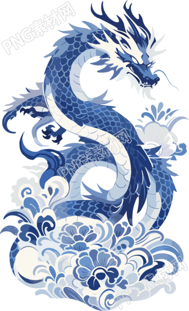 中国龙扁平插图蓝白瓷器素材