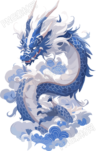 中国龙与蓝白瓷器平面插画