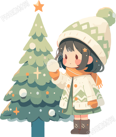 可愛小女孩站在圣誕樹旁的插圖
