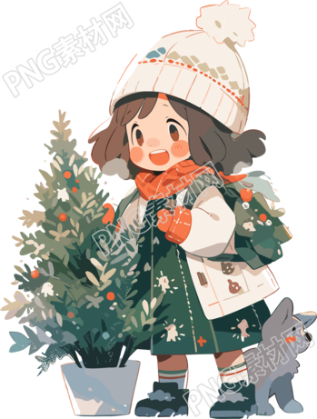 可愛小女孩與圣誕樹圣誕主題插畫