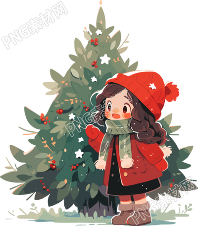 可愛的小女孩與圣誕樹簡約插畫素材