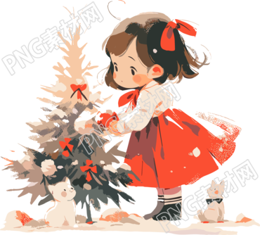 圣誕快樂可愛女孩與圣誕樹PNG素材
