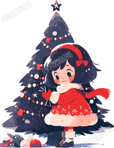 圣誕快樂可愛女孩與圣誕樹插畫