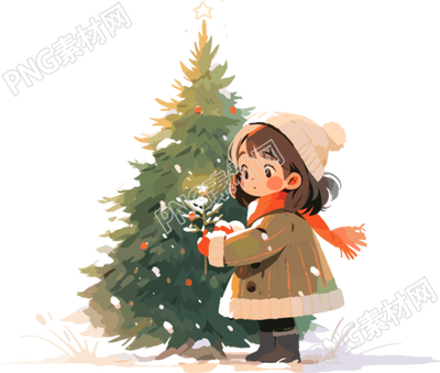 卡通圣誕樹可愛小女孩2D圖形插畫
