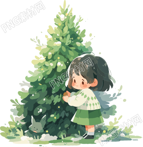 可爱小女孩与圣诞树绿色系插图