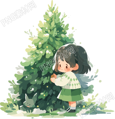 可愛小女孩與圣誕樹綠色系插圖