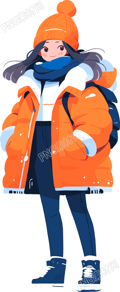 女性穿藍(lán)色羽絨服的全身插畫