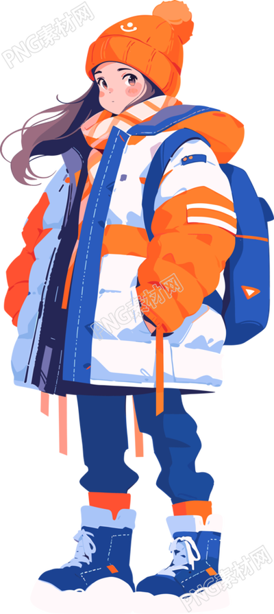 女性穿著藍(lán)色羽絨服的卡通人物