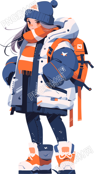 女性穿藍(lán)色羽絨服的全身插圖