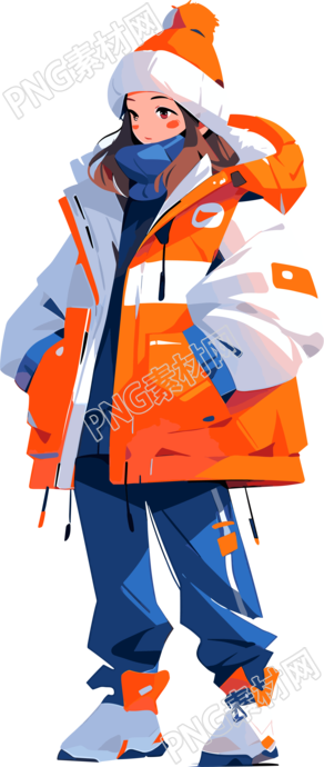 手繪插畫藍(lán)色羽絨服女性角色全身圖