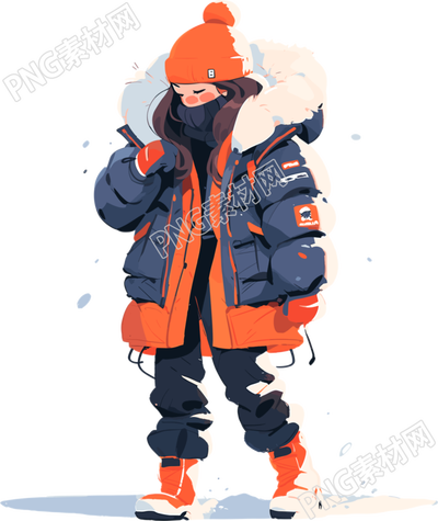 漂亮女孩穿藍(lán)色羽絨服的全身插畫