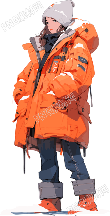 時(shí)尚女性穿著藍(lán)色羽絨服的插畫設(shè)計(jì)素材