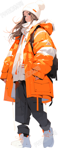 女性穿著藍(lán)色羽絨服的全身插畫