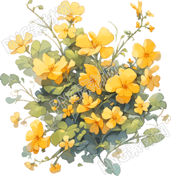 水彩繪畫素材黃色花卉與綠色樹枝
