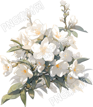 茉莉花与翡翠绿枝叶水彩画素材