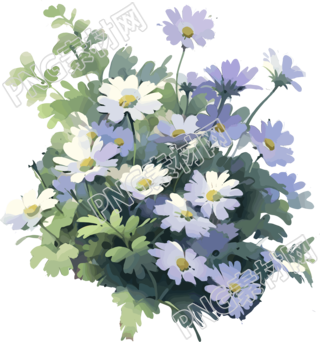 紫色雛菊花朵與翠綠的枝葉相映插畫