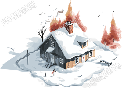 白色背景的小房子與雪
