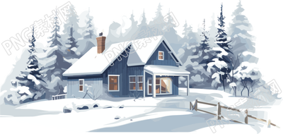 雪地上的安靜小屋2D平面圖插畫