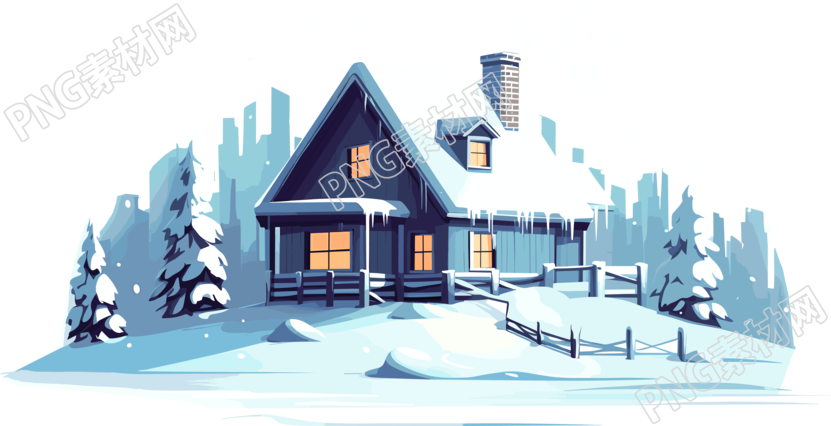 白色背景下的雪中小屋2D平面图商业插画