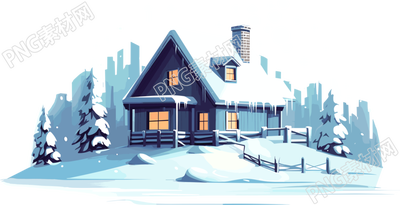白色背景下的雪中小屋2D平面圖商業(yè)插畫