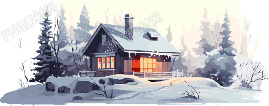 雪地上的安静小屋2D楼层平面图插画